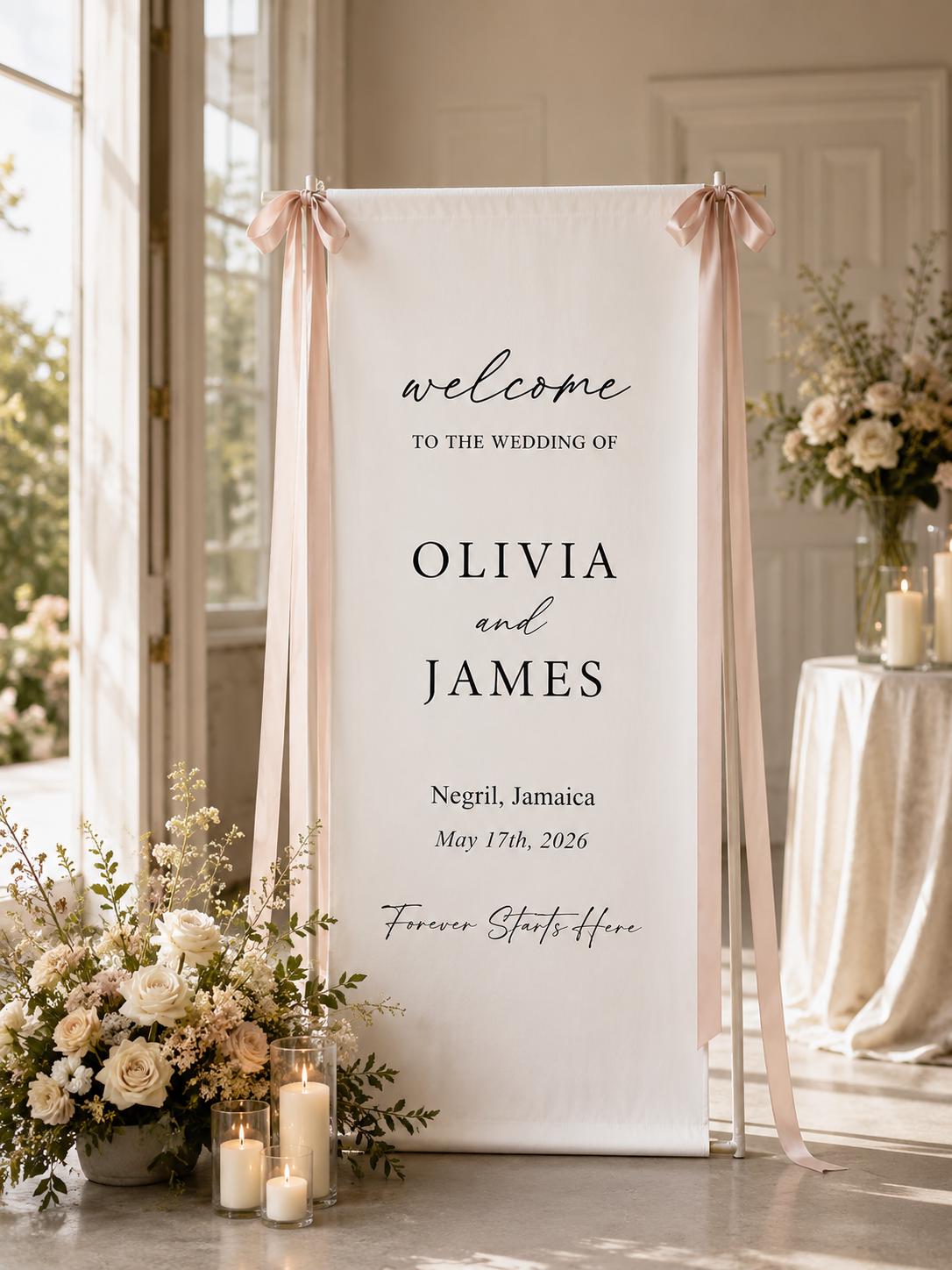 Personalized Linen Wedding Welcome Sign, Custom Fabric Wedding Banner with Wedding Date, Romantic Ceremony Sign for Engagement Party