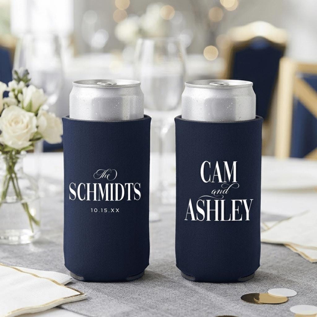 Custom Wedding Can Coolers, Personalized Bridal Shower Favors, Slim Beer Huggers