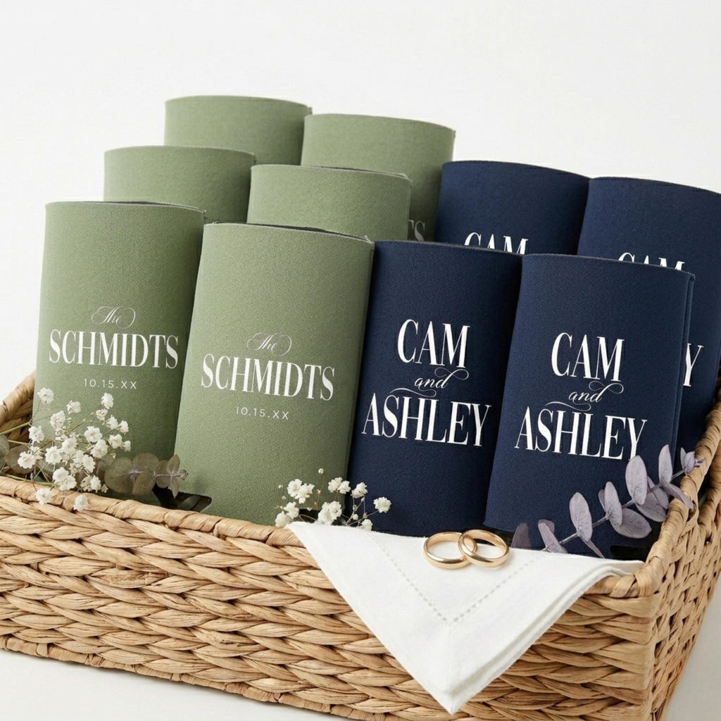 Custom Wedding Can Coolers, Personalized Bridal Shower Favors, Slim Beer Huggers