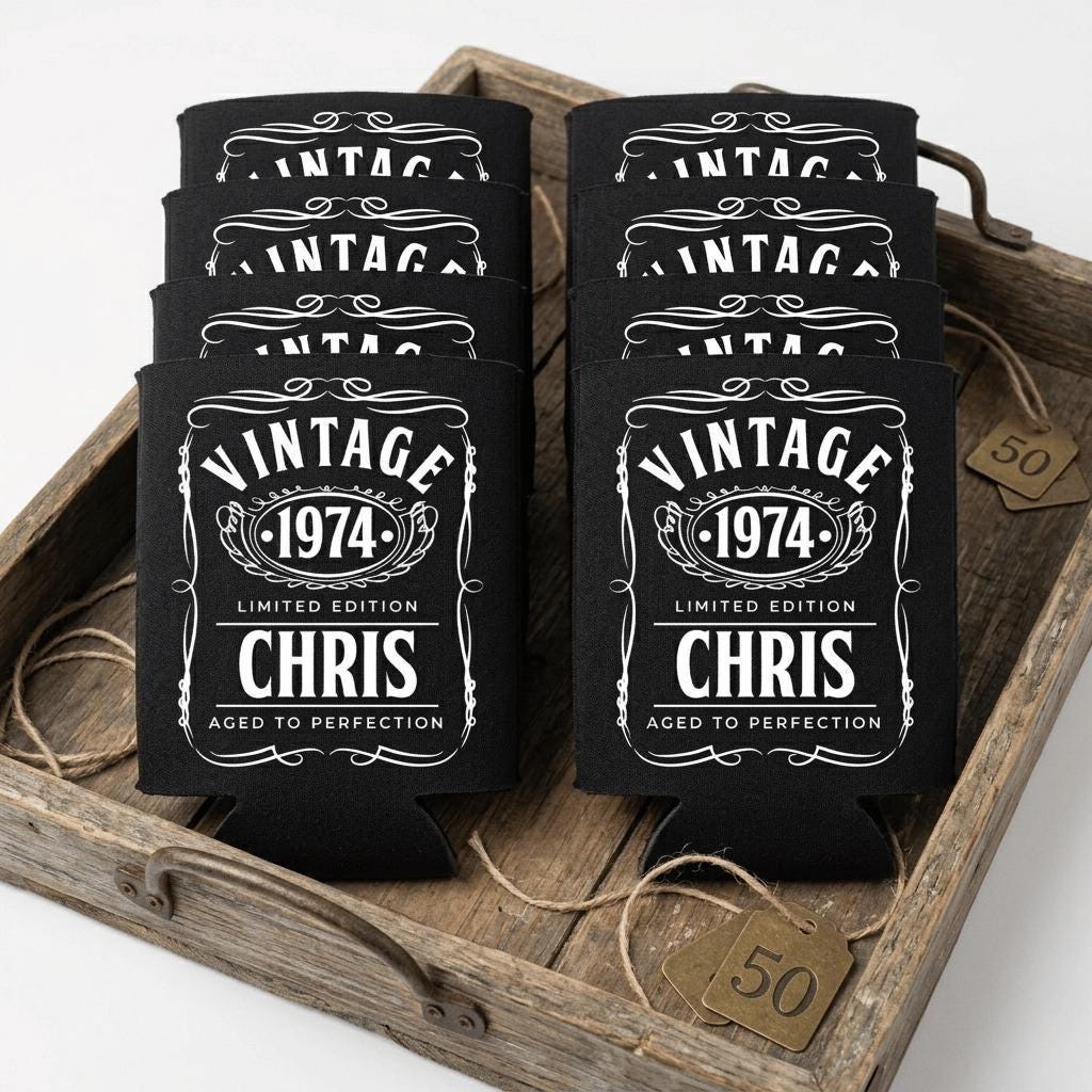 Personalized Vintage 50th Birthday Can Cooler, Aged to Perfection Drink Sleeve