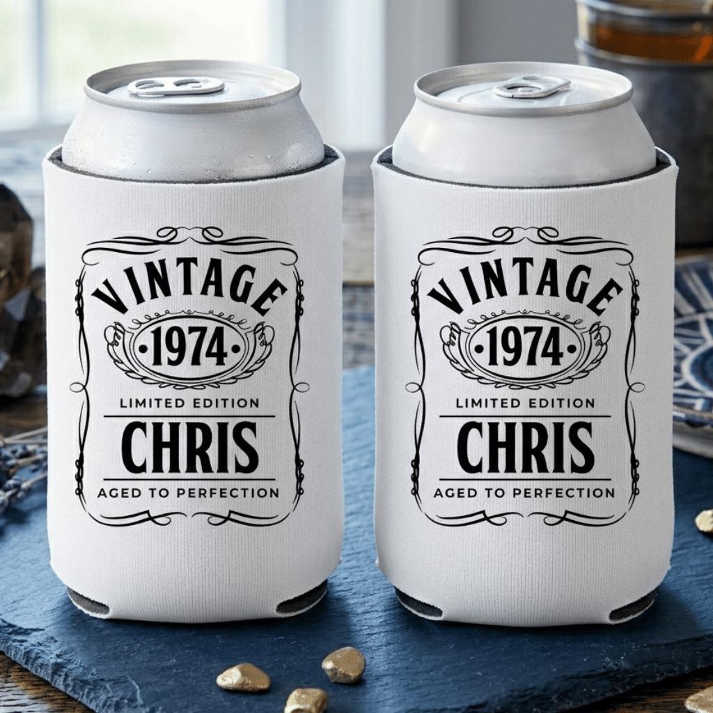 Personalized Vintage 50th Birthday Can Cooler, Aged to Perfection Drink Sleeve