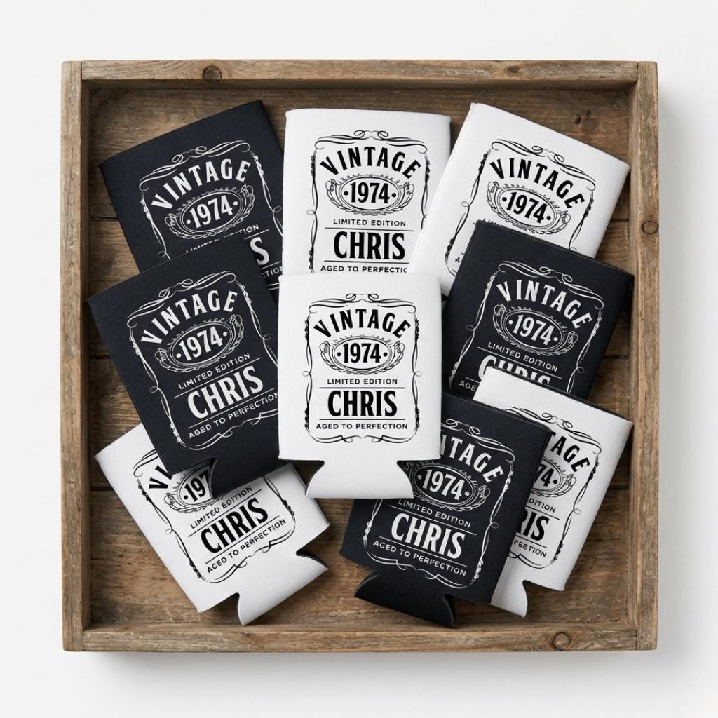 Personalized Vintage 50th Birthday Can Cooler, Aged to Perfection Drink Sleeve