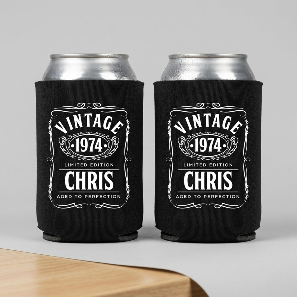 Personalized Vintage 50th Birthday Can Cooler, Aged to Perfection Drink Sleeve