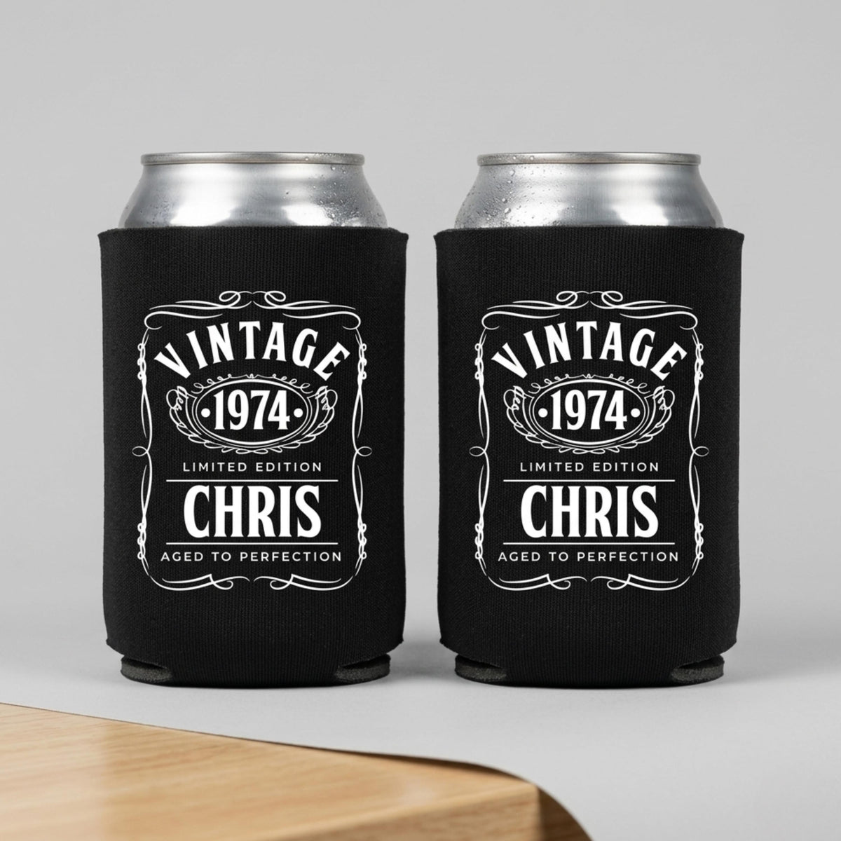 Personalized Vintage 50th Birthday Can Cooler, Aged to Perfection Drink Sleeve