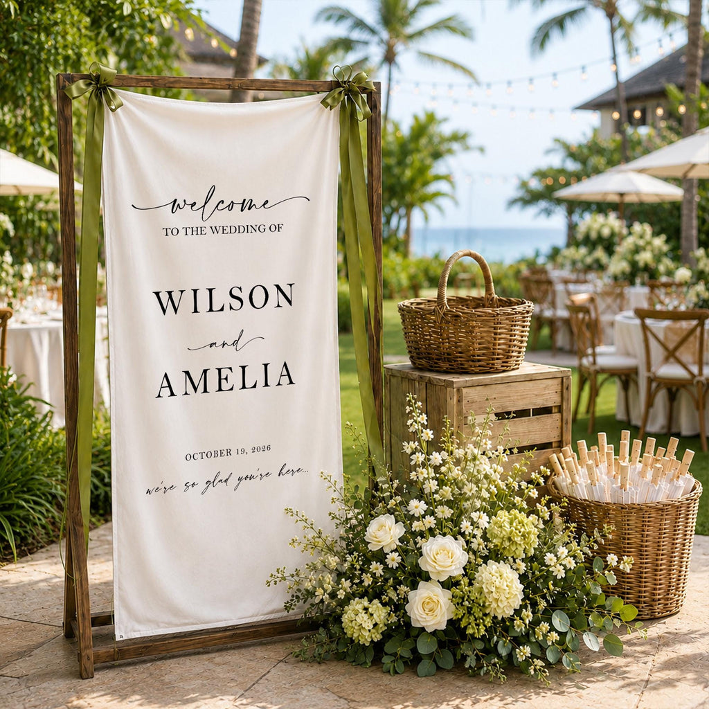Personalized Wedding Welcome Banner, Custom Wedding Sign, Linen Wedding Welcome Sign, Elegant Reception Entrance Decor