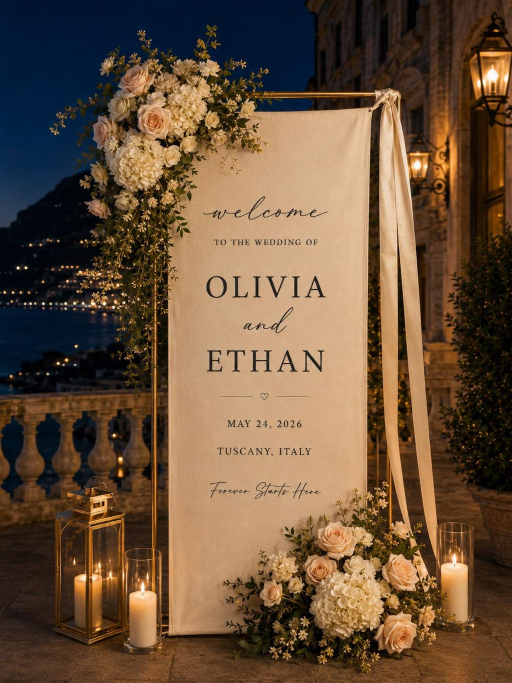 Personalized Linen Wedding Banner, Custom Fabric Welcome Sign, Elegant Ceremony Backdrop for Reception & Outdoor Wedding Decor