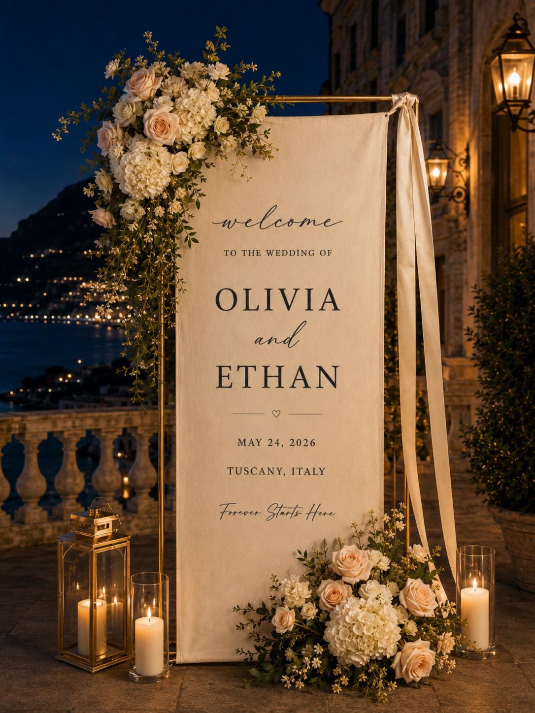 Personalized Linen Wedding Banner, Custom Fabric Welcome Sign, Elegant Ceremony Backdrop for Reception & Outdoor Wedding Decor