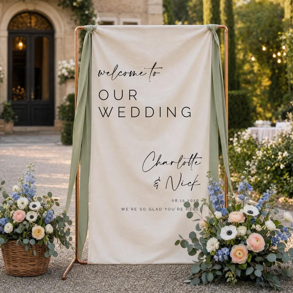 Personalized Linen Wedding Welcome Sign | Boho Ceremony Decor, Custom Fabric Backdrop