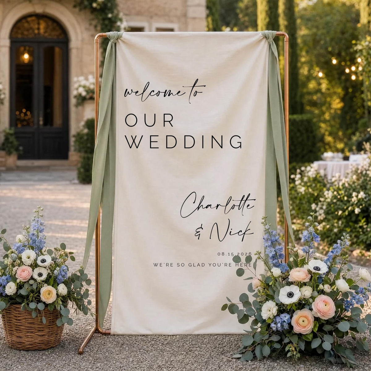 Personalized Linen Wedding Welcome Sign | Boho Ceremony Decor, Custom Fabric Backdrop