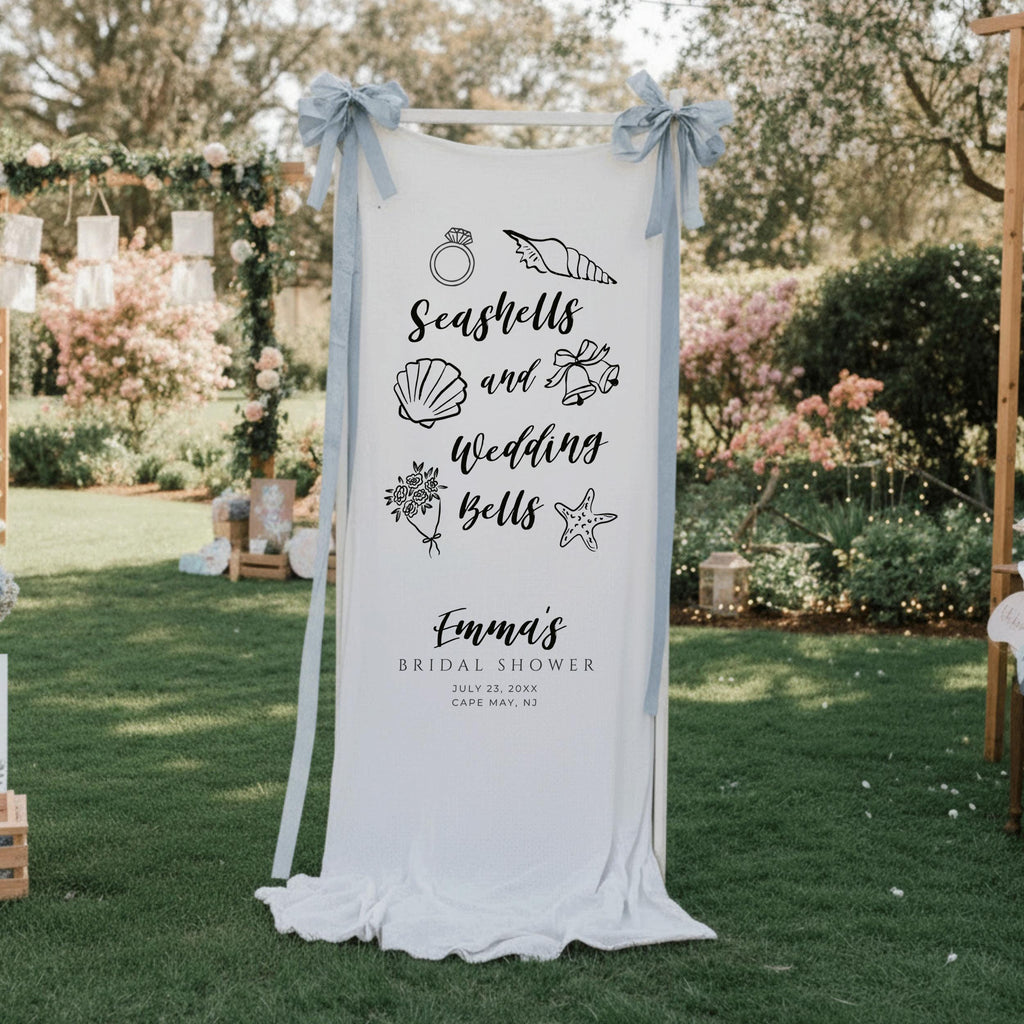 Coastal Linen Bridal Shower Banner, Custom Seashells and Wedding Bells Wedding Welcome Sign, Rustic Beach Bachelorette Party Fabric Decor