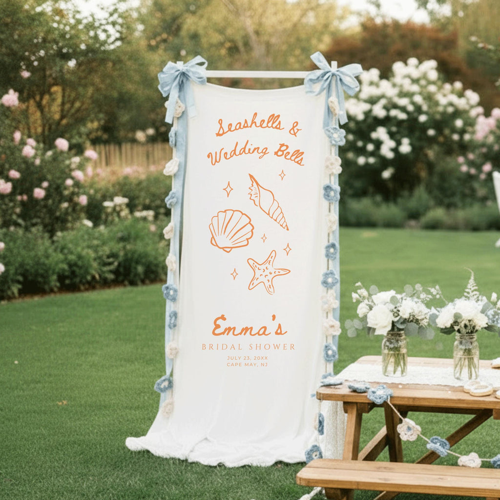 Coastal Linen Bridal Shower Banner, Custom Seashells and Wedding Bells Wedding Welcome Sign, Rustic Beach Bachelorette Party Fabric Decor