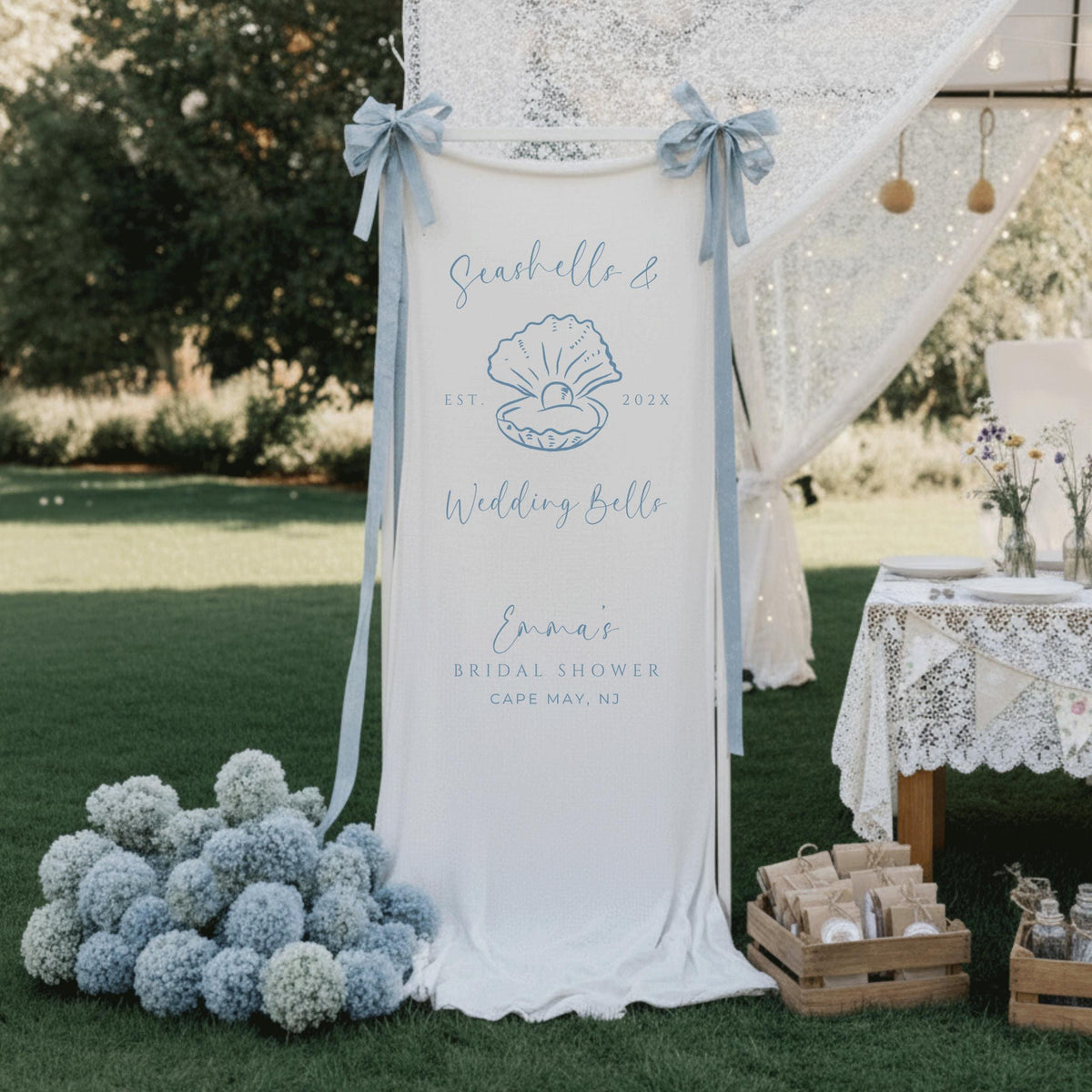 Coastal Linen Bridal Shower Banner, Custom Seashells and Wedding Bells Wedding Welcome Sign, Rustic Beach Bachelorette Party Fabric Decor