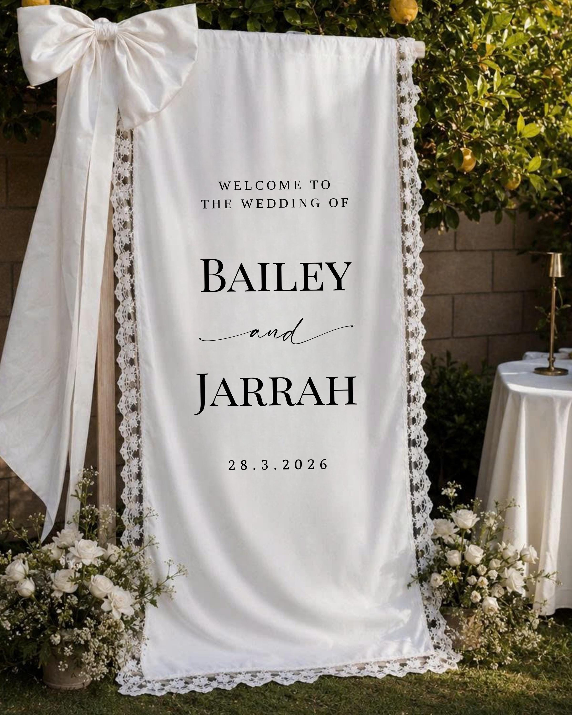 Lace Wedding Welcome Sign, Custom Linen Fabric Banner