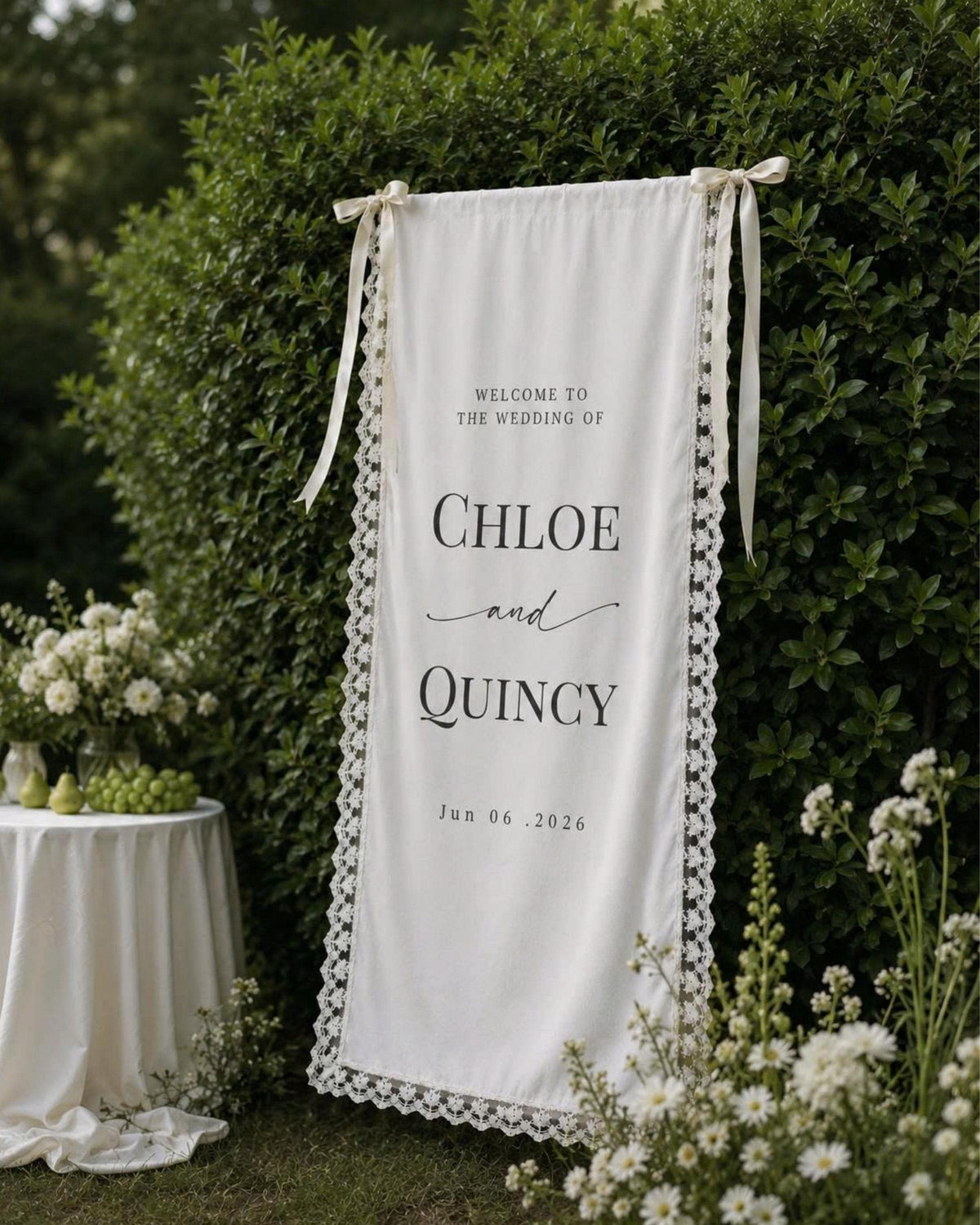 Lace Wedding Welcome Sign, Custom Linen Fabric Banner