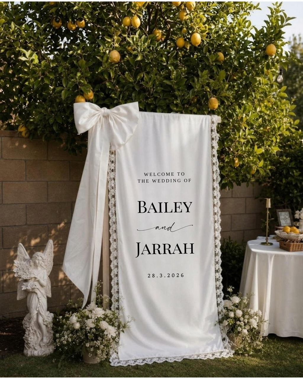 Lace Wedding Welcome Sign, Custom Linen Fabric Banner