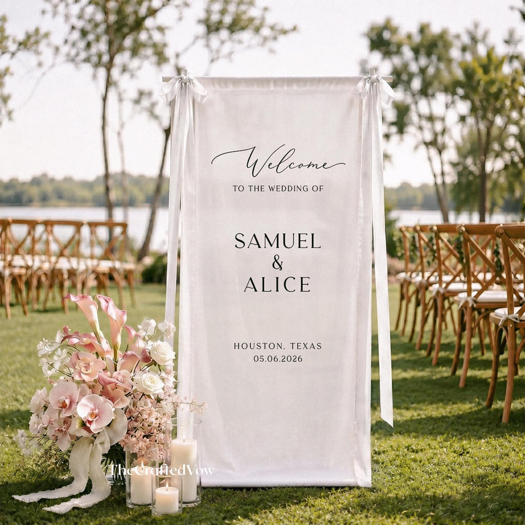Personalized Linen Wedding Welcome Sign, Custom Fabric Banner for Bridal Shower, Modern Engagement Party Decor, Minimalist Wedding Signage