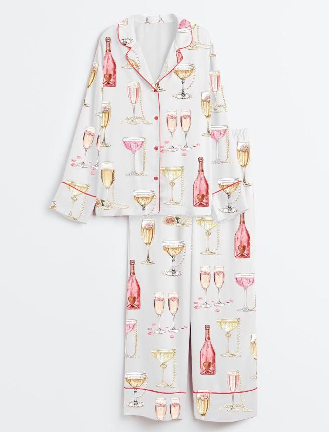 Women's Pajama Set – Champagne & Pearls Print Sleepwear – Bridal Shower Gift, Girls' Night In