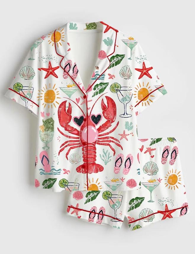 Lobster Pajama Set – Summer PJ Set for Women, Beach Sleepwear, Bridal Party Pajamaspjs