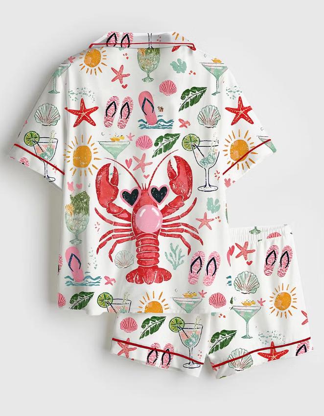 Lobster Pajama Set – Summer PJ Set for Women, Beach Sleepwear, Bridal Party Pajamaspjs