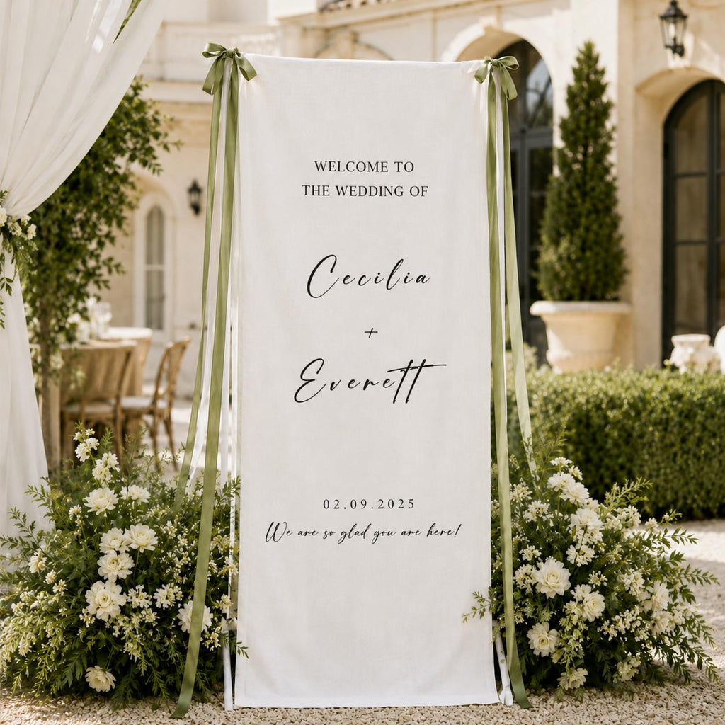 Personalized Linen Wedding Banner, Custom Fabric Welcome Sign, Elegant Ceremony Backdrop for Reception & Outdoor Wedding Decor