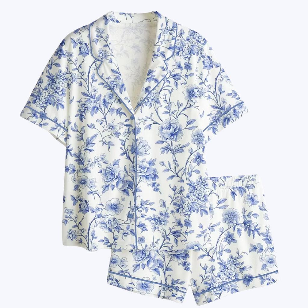 Blue Floral Pajama Set – Botanical Print Sleepwear – Bridal Shower Gift for Bridesmaid
