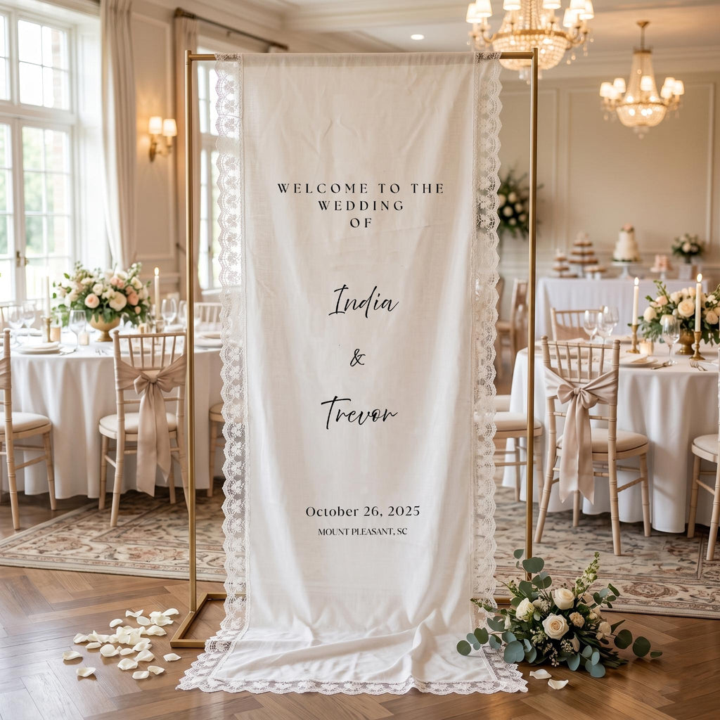Custom Lace-Linen Wedding Welcome Sign, Fabric Wedding Ceremony Decor, Personalized Fabric Linen Wedding Signs