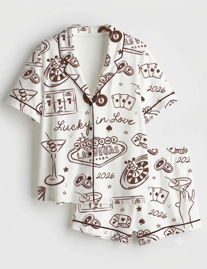 Lucky in Love Pajama Set – Vegas Inspired Casino Print – Couple Gift & Honeymoon Sleepwear