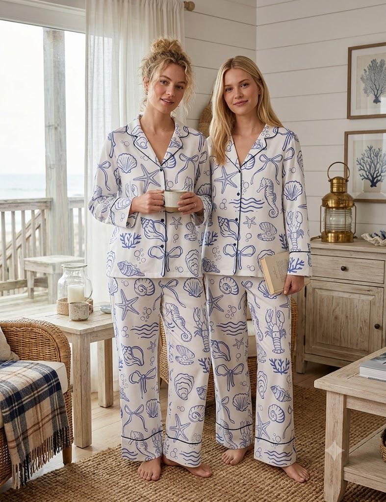 Beach Themed Pajama Set – Coastal Print Sleepwear – Nautical Seashell Print Pjs – Bridal Shower Gift