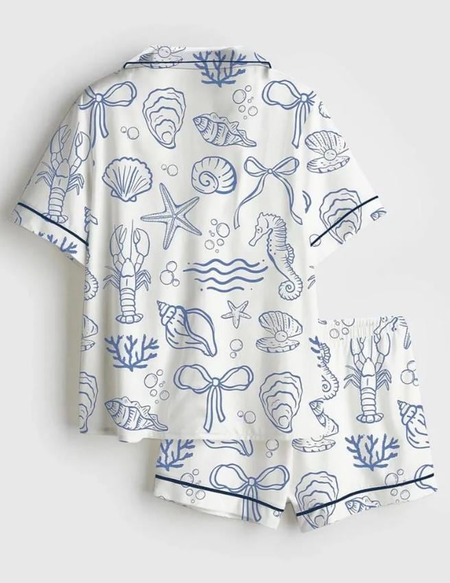 Beach Themed Pajama Set – Coastal Print Sleepwear – Nautical Seashell Print Pjs – Bridal Shower Gift