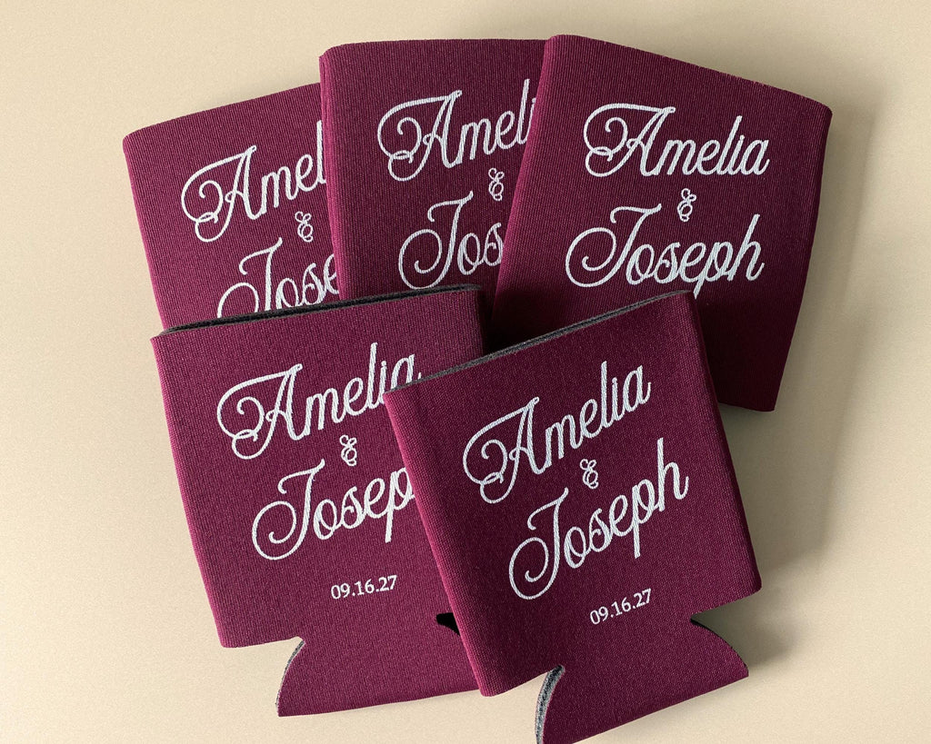 Personalized Wedding Can Cooler Custom Wedding Can Sleeve Wedding Favor Idea Old Money Wedding Burgundy Wedding Decor Reception Personalized