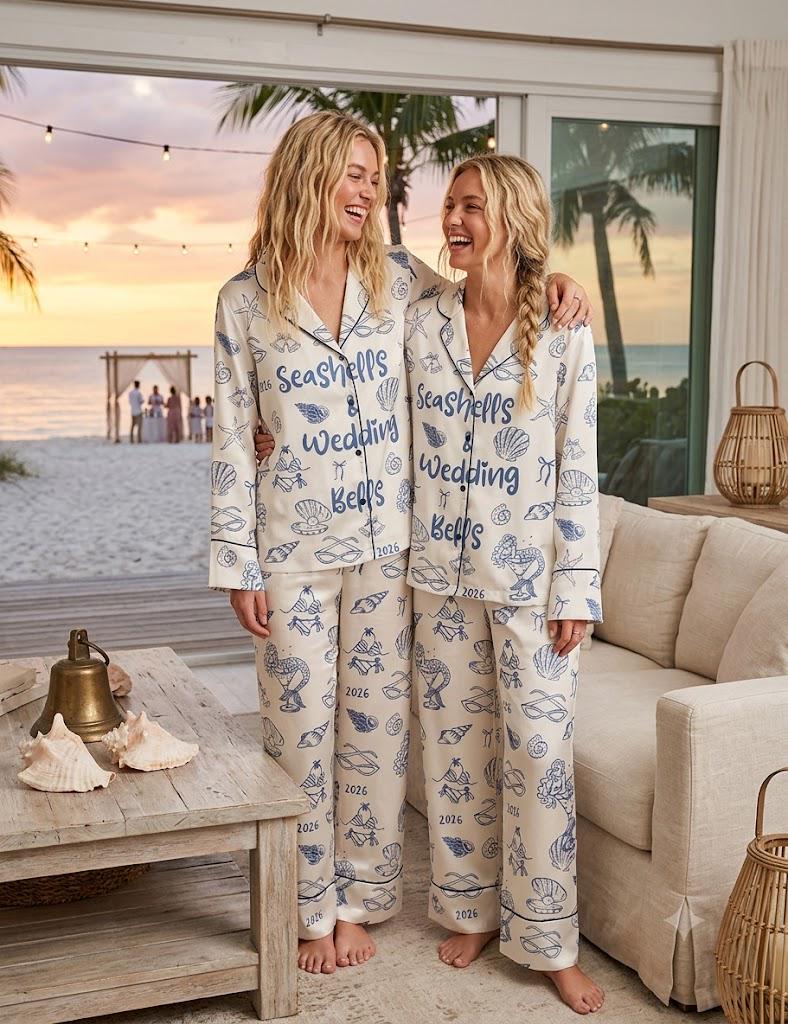 Bridal Pajamas – Seashells Wedding Bells Sleepwear – Beach Bachelorette Party - Honeymoon Bridal Gift