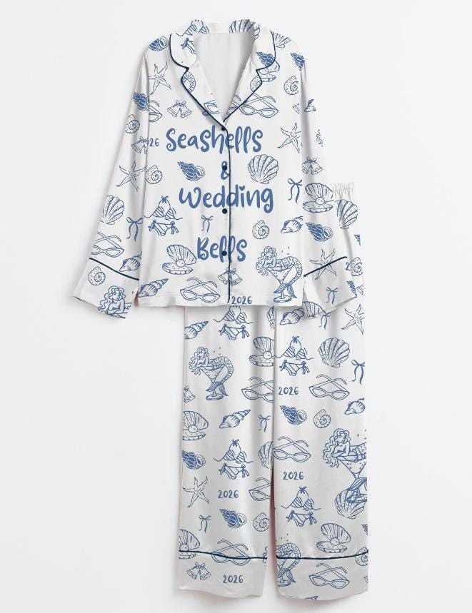 Bridal Pajamas – Seashells Wedding Bells Sleepwear – Beach Bachelorette Party - Honeymoon Bridal Gift