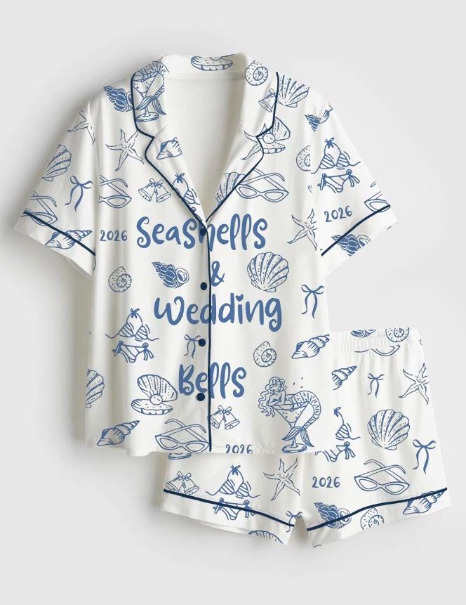 Bridal Pajamas – Seashells Wedding Bells Sleepwear – Beach Bachelorette Party - Honeymoon Bridal Gift