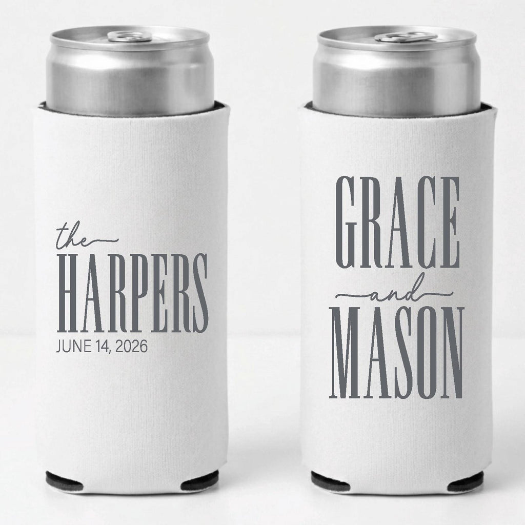 Personalized Slim Can Coolers Wedding Favors, Custom Seltzer Drink Holders for Wedding Guests and Reception Tables