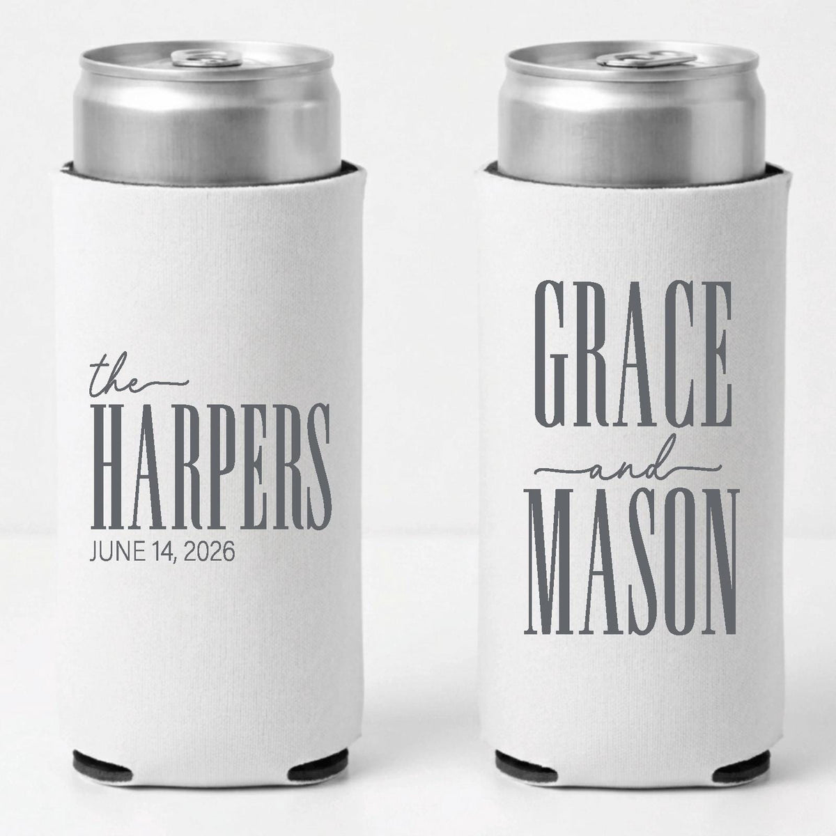 Personalized Slim Can Coolers Wedding Favors, Custom Seltzer Drink Holders for Wedding Guests and Reception Tables