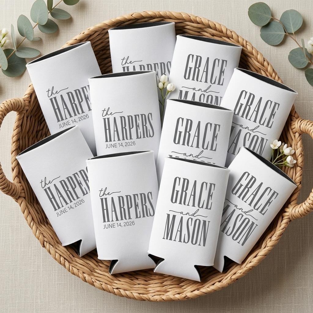 Personalized Slim Can Coolers Wedding Favors, Custom Seltzer Drink Holders for Wedding Guests and Reception Tables