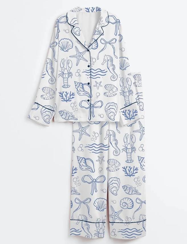 Ocean Pajama Set – Coastal Grandmother Sleepwear – Beach Vacation Outfit - Seashell Print Pajamas