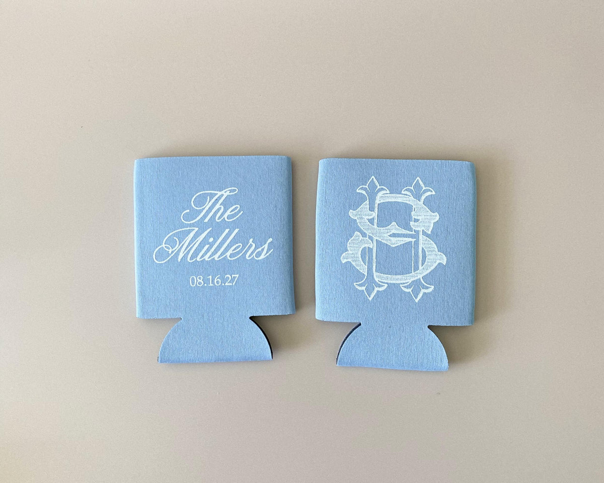 Custom Wedding Can Sleeve Personalized Wedding Can Cooler Blue Monogram Wedding Favor Green Wedding Favor Monogram Wedding Can Cooler Favor
