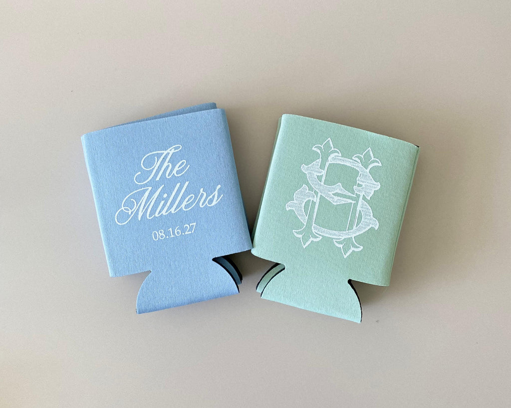 Custom Wedding Can Sleeve Personalized Wedding Can Cooler Blue Monogram Wedding Favor Green Wedding Favor Monogram Wedding Can Cooler Favor