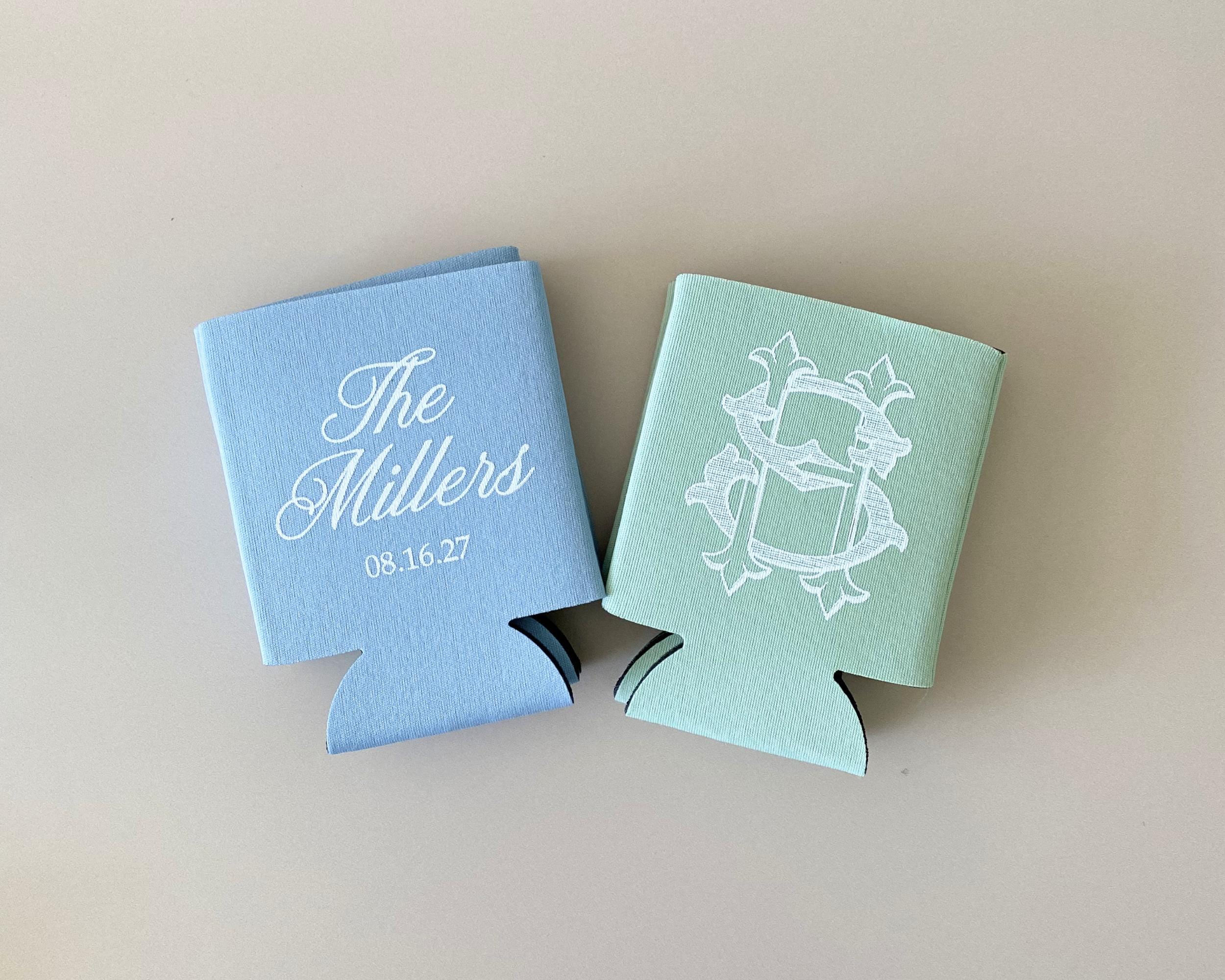 Custom Wedding Can Sleeve Personalized Wedding Can Cooler Blue Monogram Wedding Favor Green Wedding Favor Monogram Wedding Can Cooler Favor