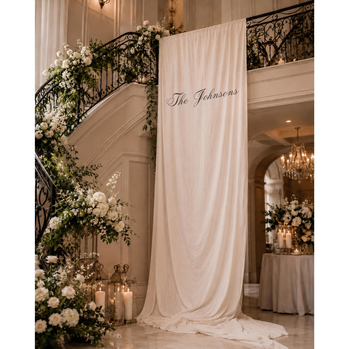 Custom Linen Wedding Backdrop, Elegant Draped Fabric Banner, Personalized Wedding Sign, Luxury Ceremony Decor, White Linen Backdrop