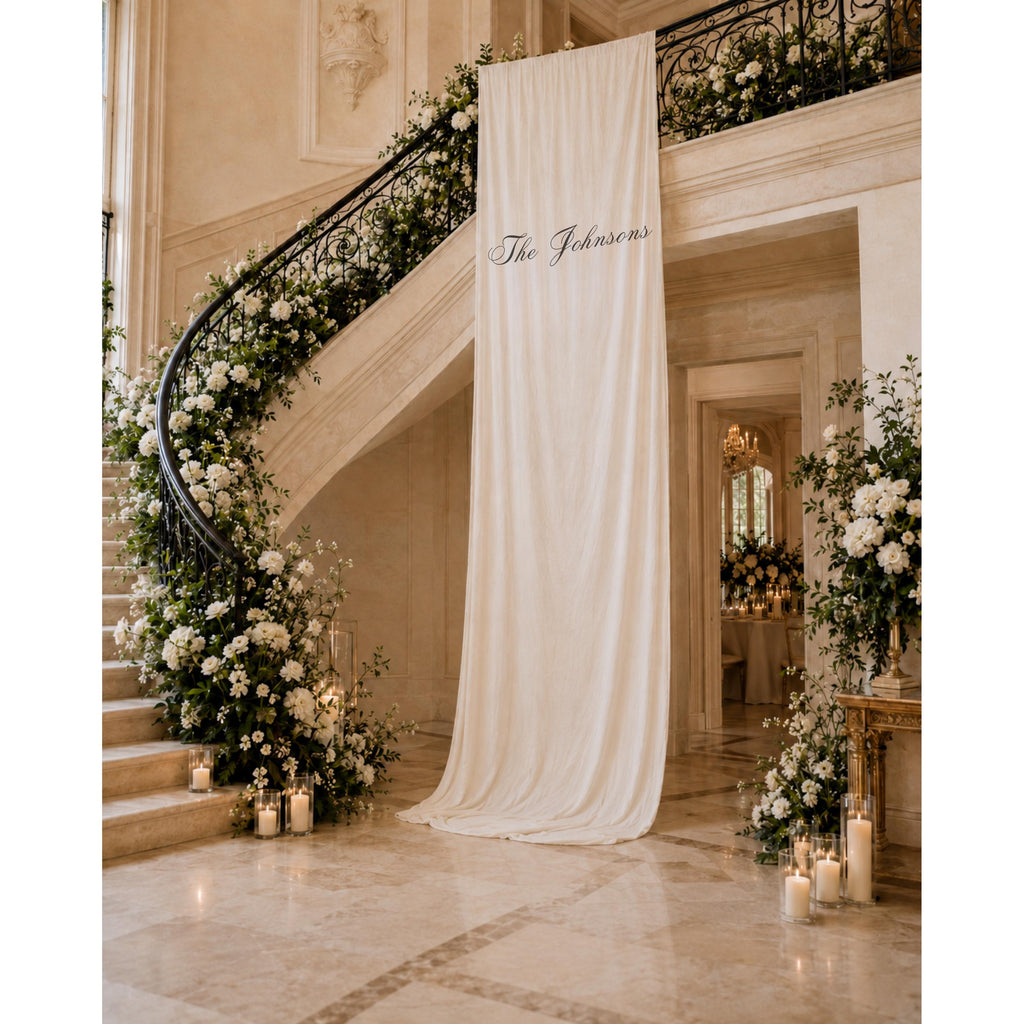 Custom Linen Wedding Backdrop, Elegant Draped Fabric Banner, Personalized Wedding Sign, Luxury Ceremony Decor, White Linen Backdrop