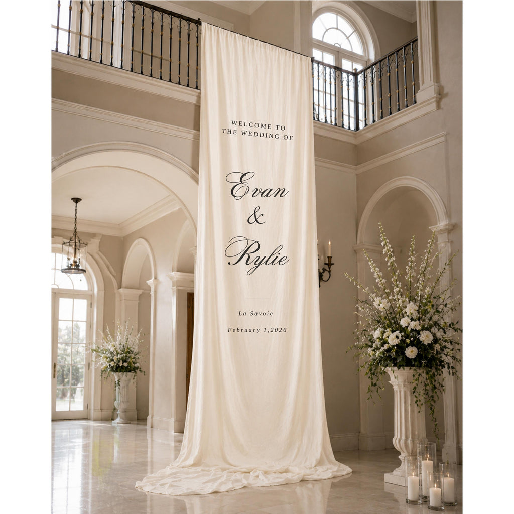 Custom Linen Wedding Backdrop, Elegant Draped Fabric Banner, Personalized Wedding Sign, Luxury Ceremony Decor, White Linen Backdrop