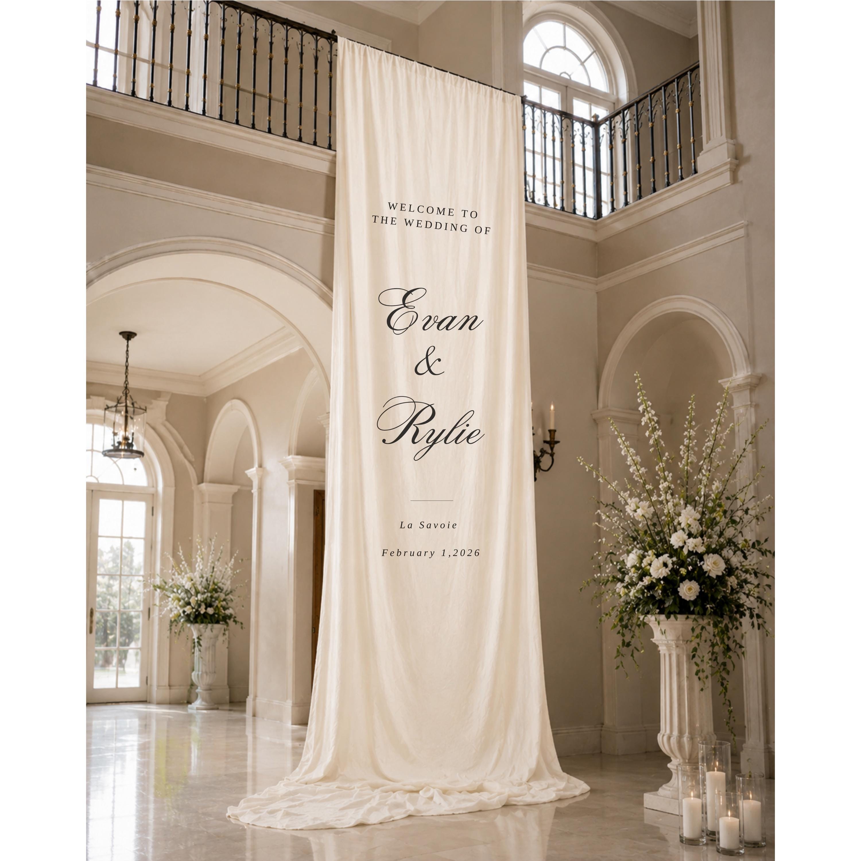 Custom Linen Wedding Backdrop, Elegant Draped Fabric Banner, Personalized Wedding Sign, Luxury Ceremony Decor, White Linen Backdrop