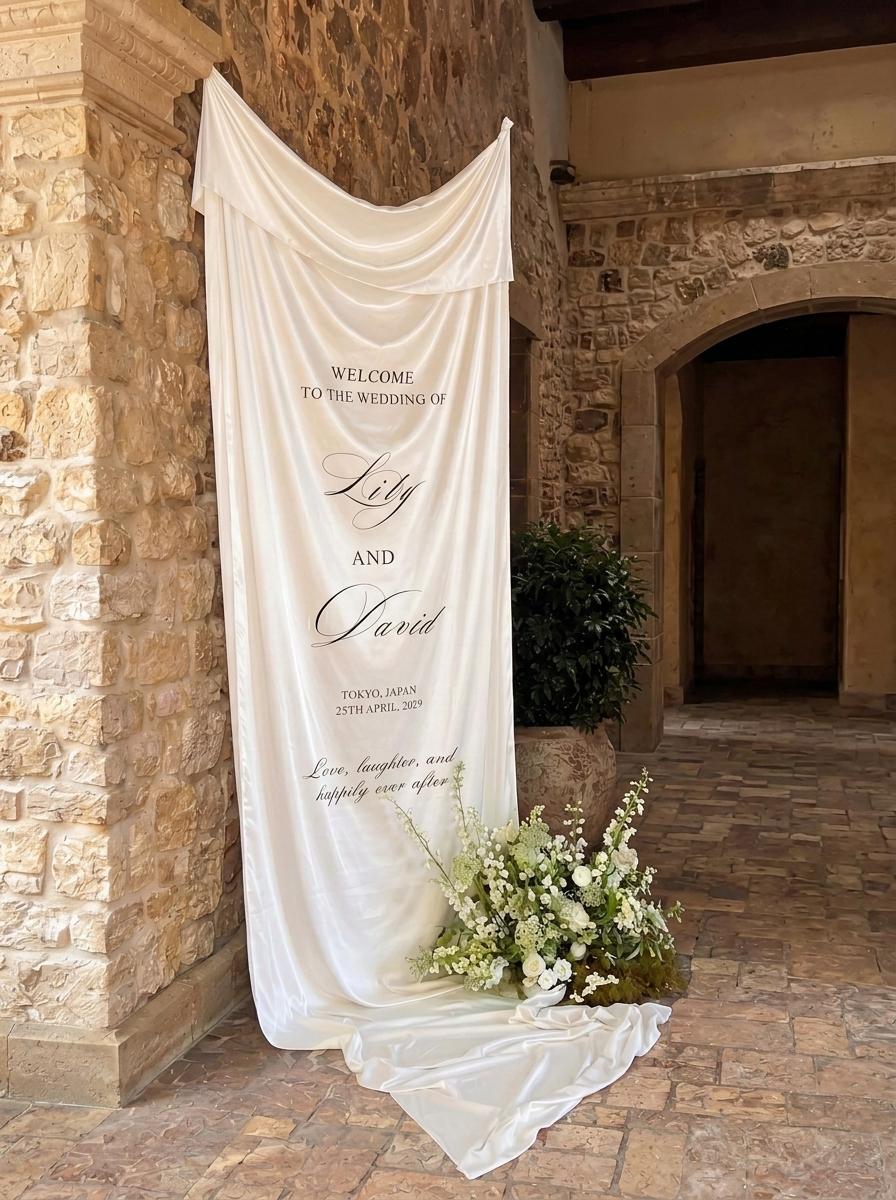 Custom Royal Silk Wedding Welcome Sign – Ivory Vintage Fabric Banner