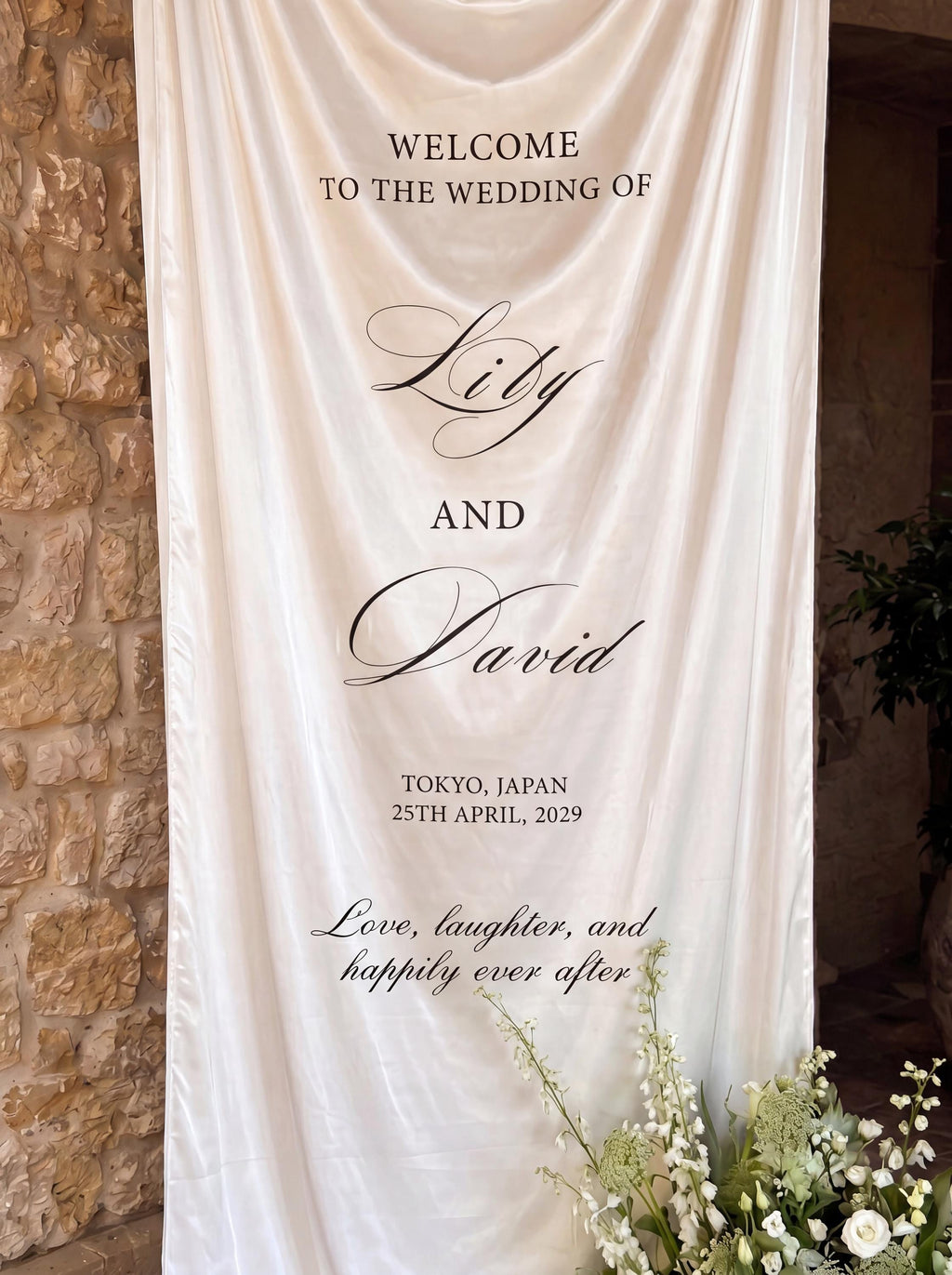 Custom Royal Silk Wedding Welcome Sign – Ivory Vintage Fabric Banner