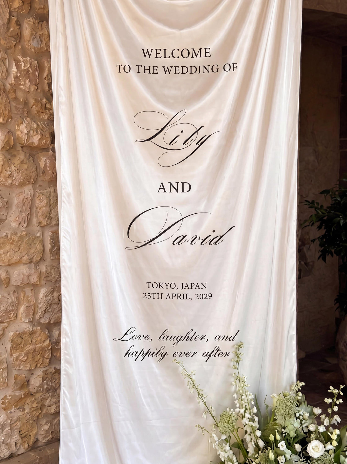 Custom Royal Silk Wedding Welcome Sign – Ivory Vintage Fabric Banner
