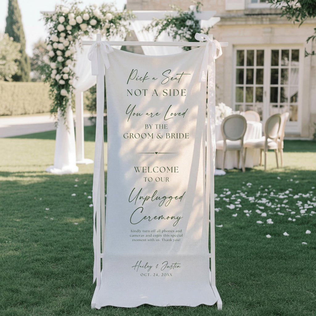 Pick a Seat Wedding Sign, Custom Wedding Seating Linen Banner, Unplugged Ceremony Fabric Signage for Reception, Either Side Welcome Decor