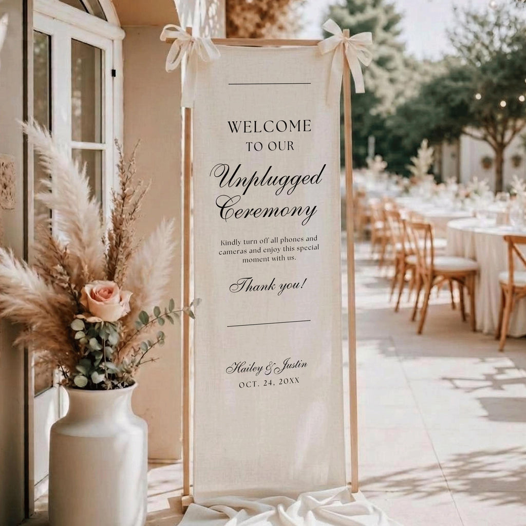 Unplugged Ceremony Wedding Sign, Custom Linen Vertical Wedding Entrance Banner, Boho Rustic Fabric Decor for Reception, Rehearsal Dinner
