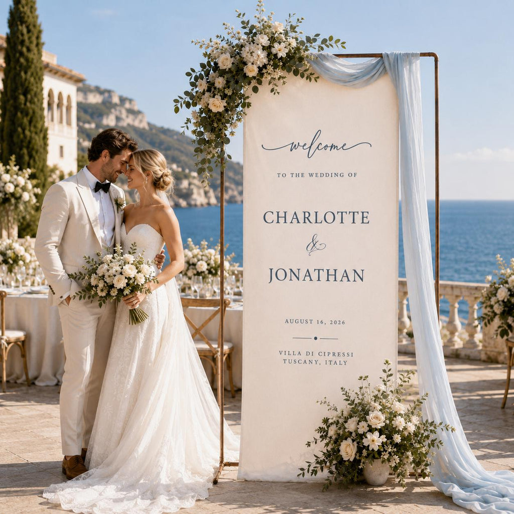 Personalized Linen Wedding Banner, Custom Fabric Welcome Sign, Elegant Ceremony Backdrop for Reception & Outdoor Wedding Decor